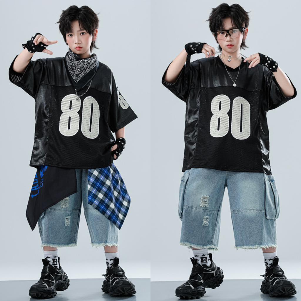 HIPHOP ブラックナンバー デニムハーフパンツセットアップ キッズダンス衣装