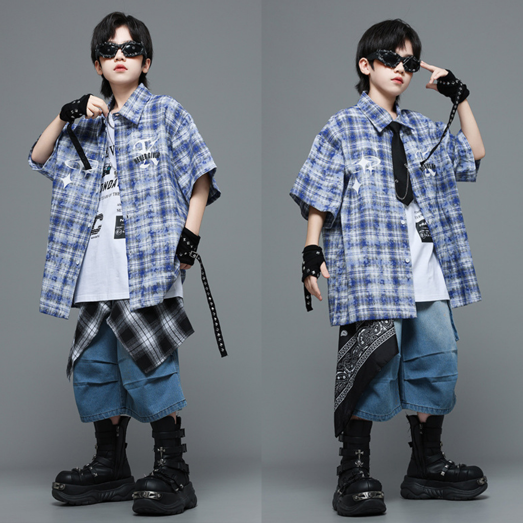 HIPHOP チェックシャツ デニムハーフパンツセットアップ キッズダンス衣装