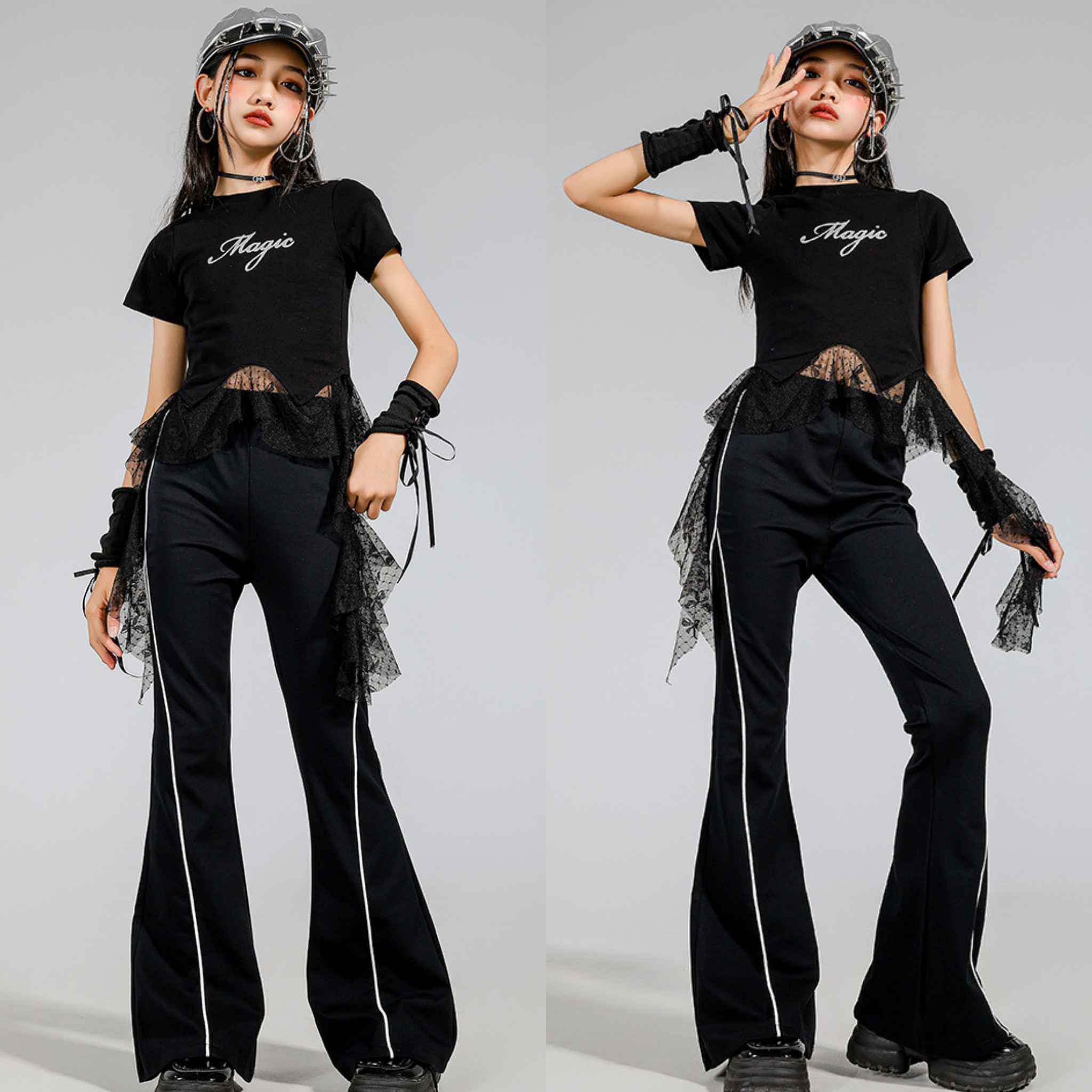 K-POP ブラックドットチュール フレアパンツセットアップ キッズダンス衣装