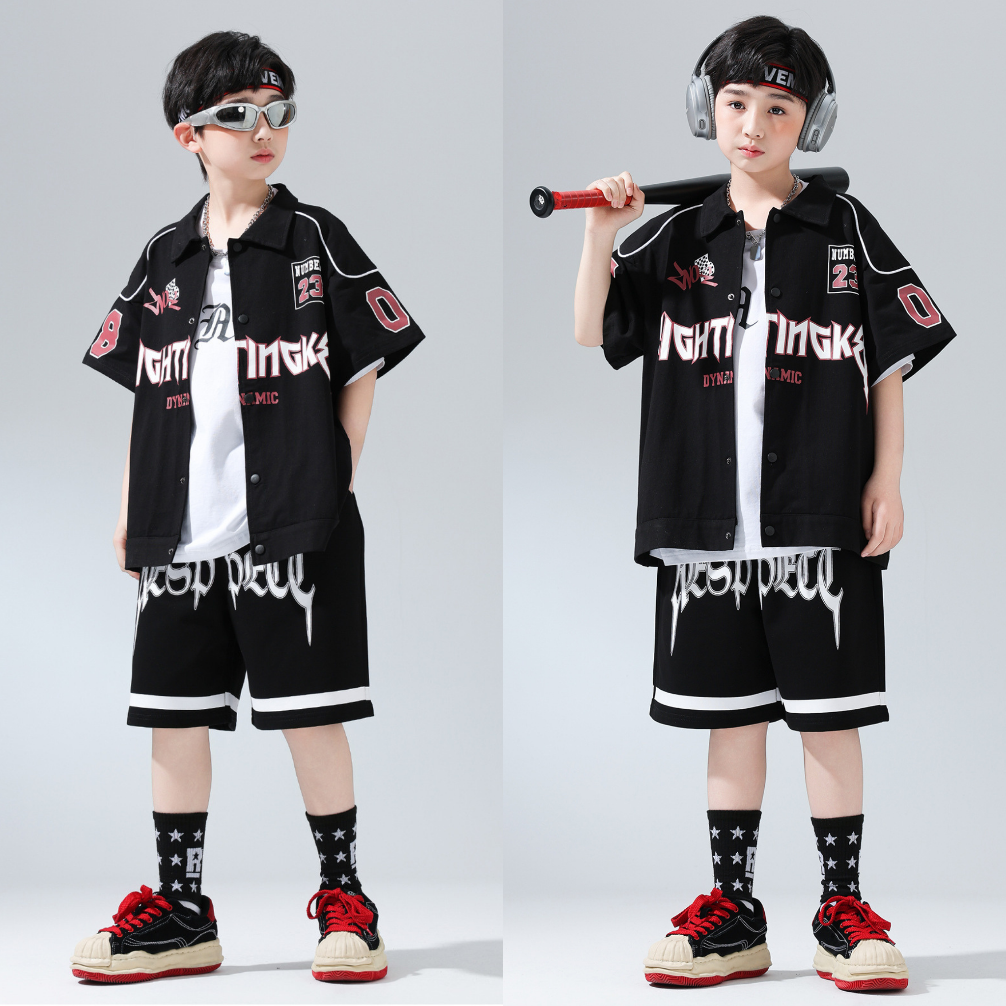 HIPHOP ブラックナンバー ハーフパンツセットアップ キッズダンス衣装