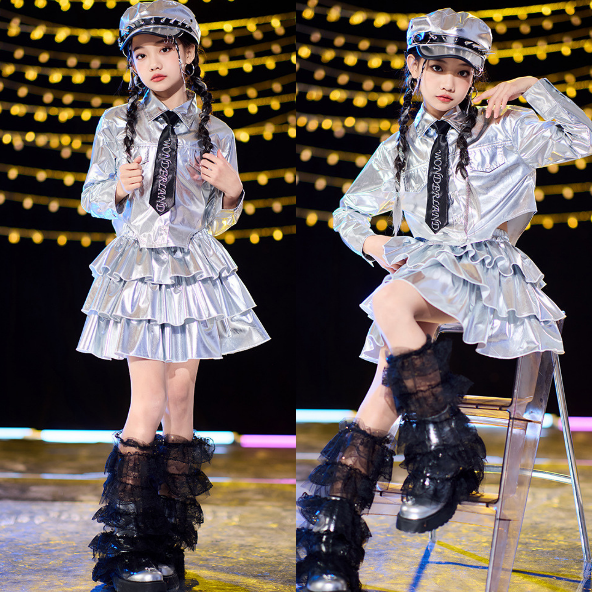 K-POP メタリックシルバー プリーツスカートセットアップ キッズダンス衣装