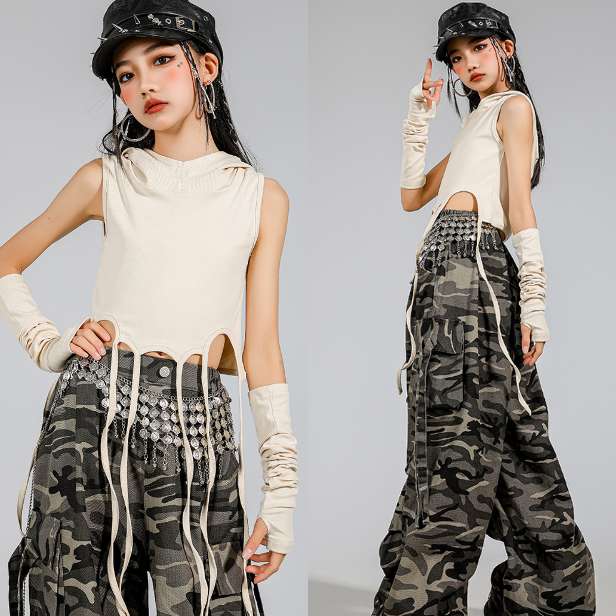 STREET アイボリーフード カモフラージュカーゴセットアップ キッズダンス衣装