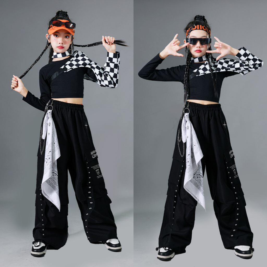 HIPHOP チェッカーブラック カーゴセットアップ キッズダンス衣装