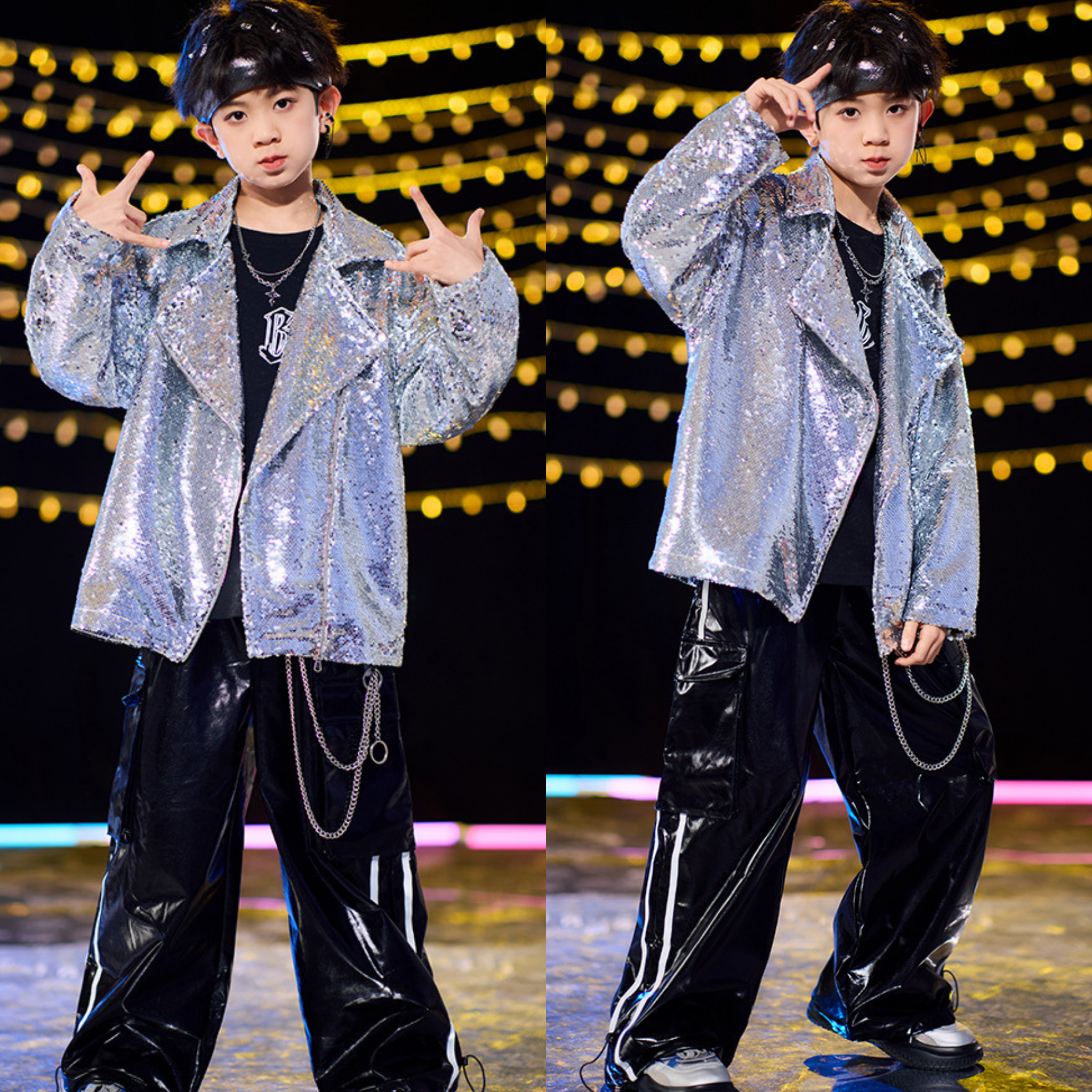 STREET シルバースパンコール ブラックセットアップ キッズダンス衣装