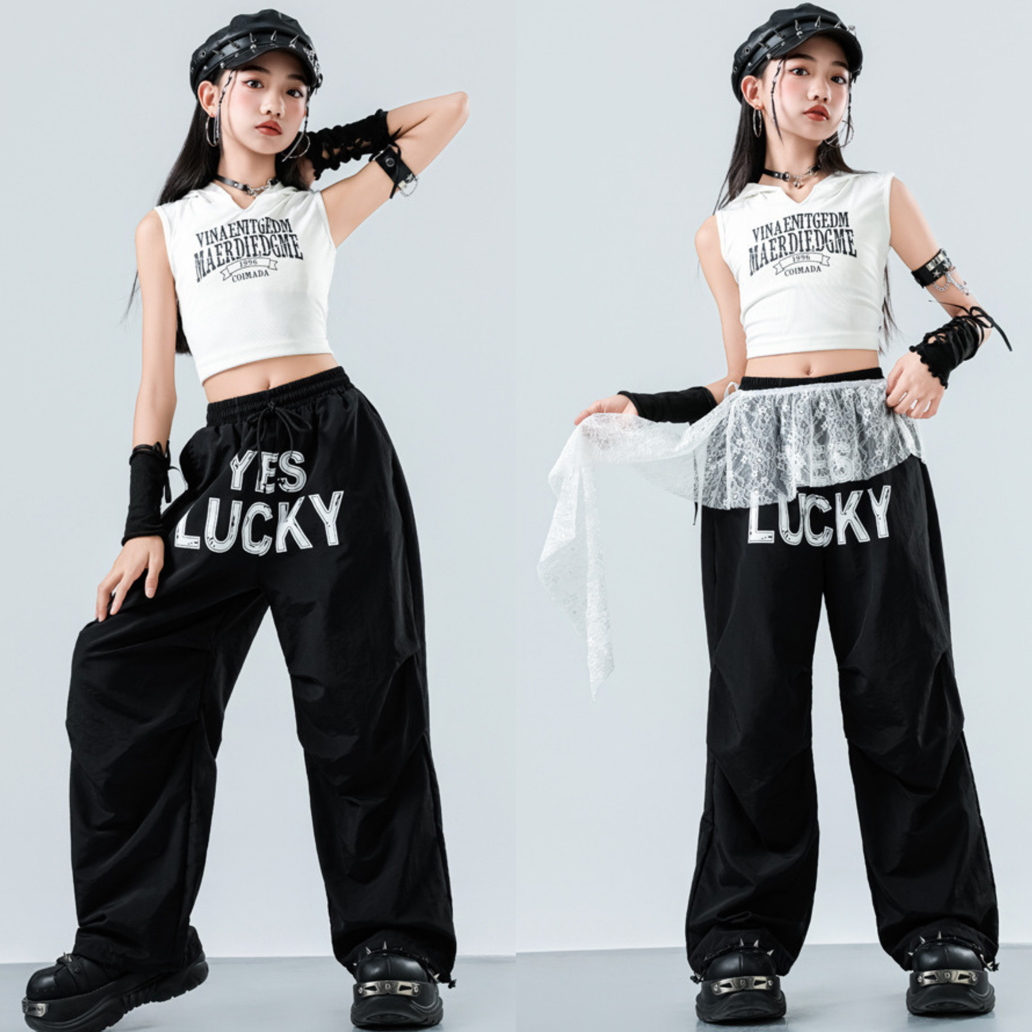 GIRLS レースレイヤード ワイドパンツセットアップ キッズダンス衣装