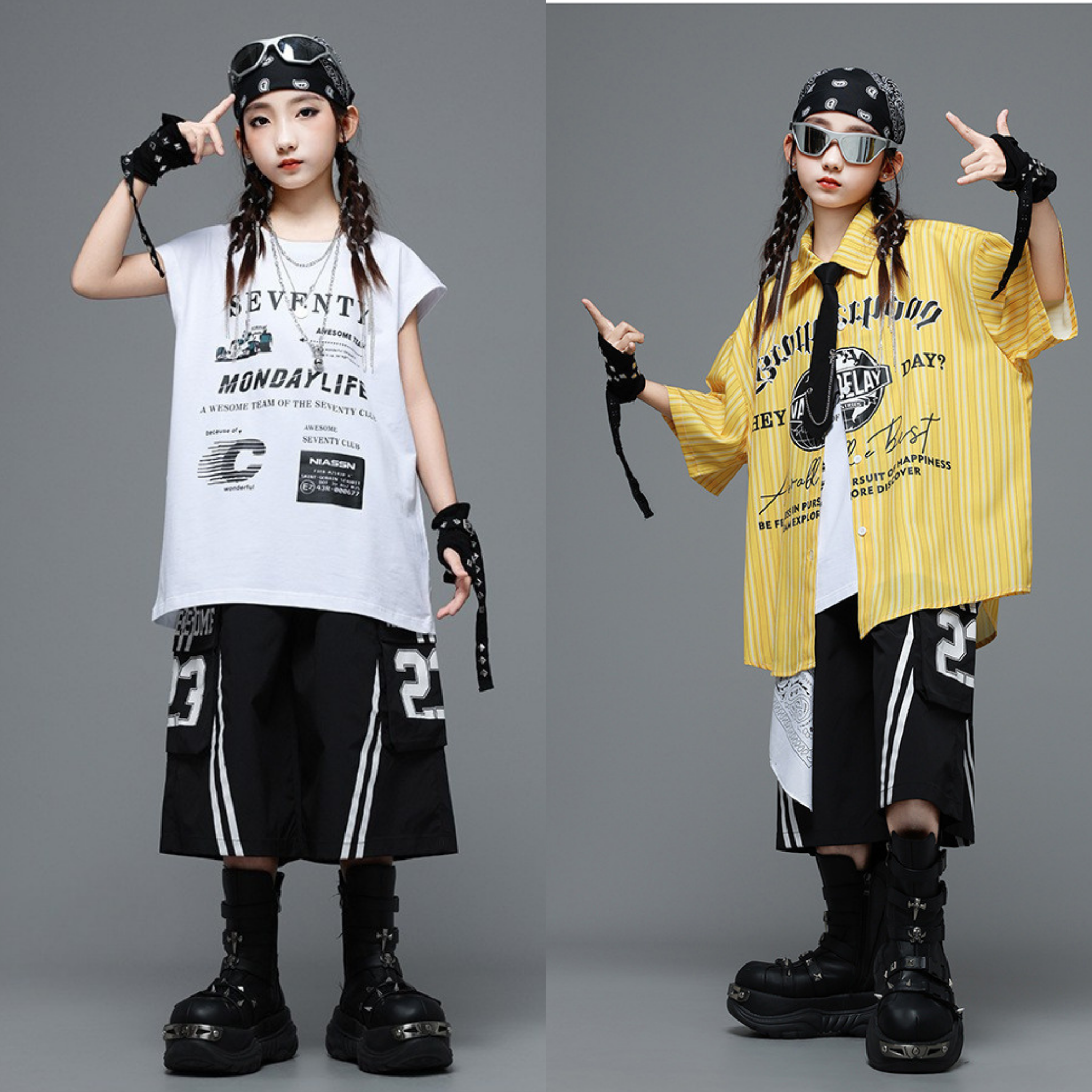 HIPHOP イエローストライプ ハーフパンツセットアップ キッズダンス衣装