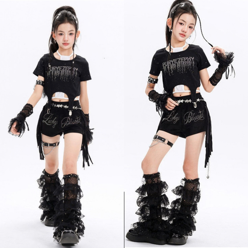 GIRLS ブラックラインストーン フリンジショートパンツセットアップ キッズダンス衣装 商品画像2