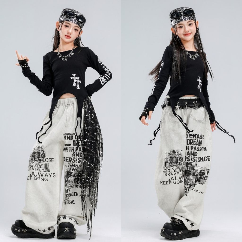 HIPHOP ブラッククロス ホワイトグラフィックワイドパンツセットアップ キッズダンス衣装 商品画像4
