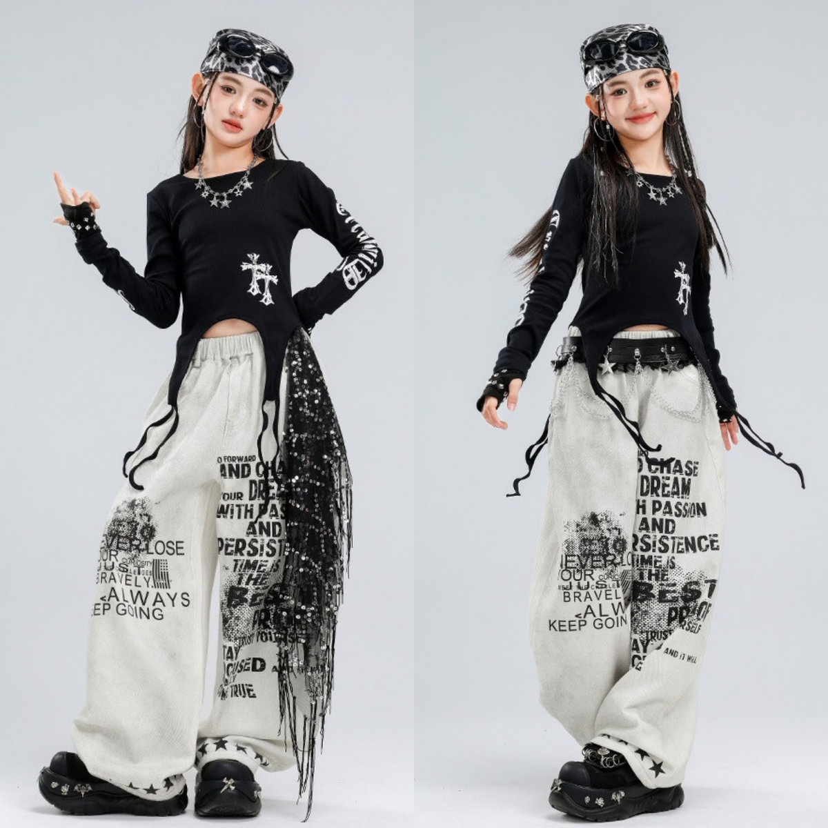 HIPHOP ブラッククロス ホワイトグラフィックワイドパンツセットアップ キッズダンス衣装 商品画像4