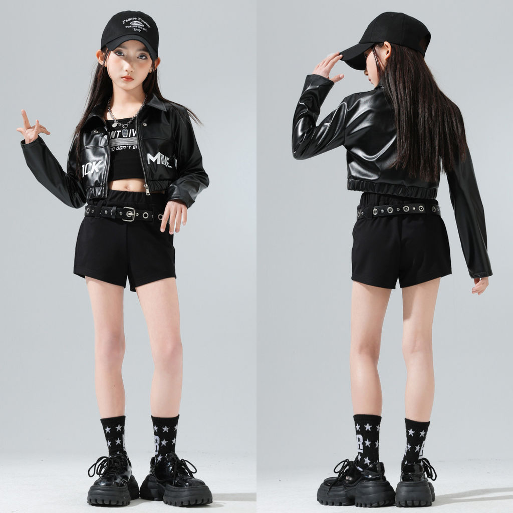 GIRLS ブラックレザーライク ショートパンツセットアップ キッズダンス衣装
