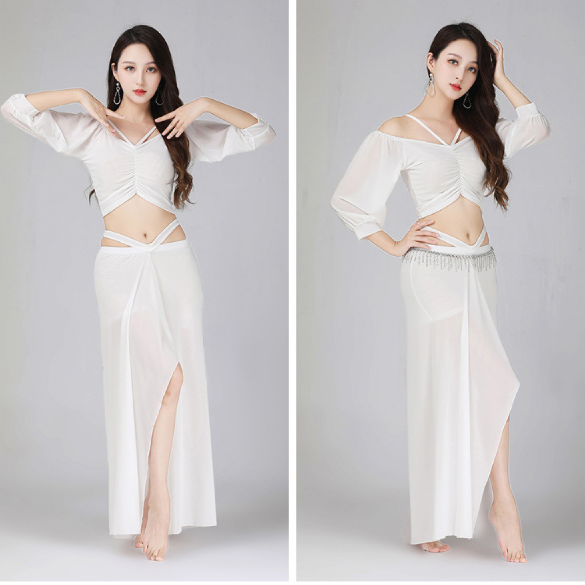 ベリーダンス　レッスンウェア　ラメ　メッシュ　ランタンスリーブ