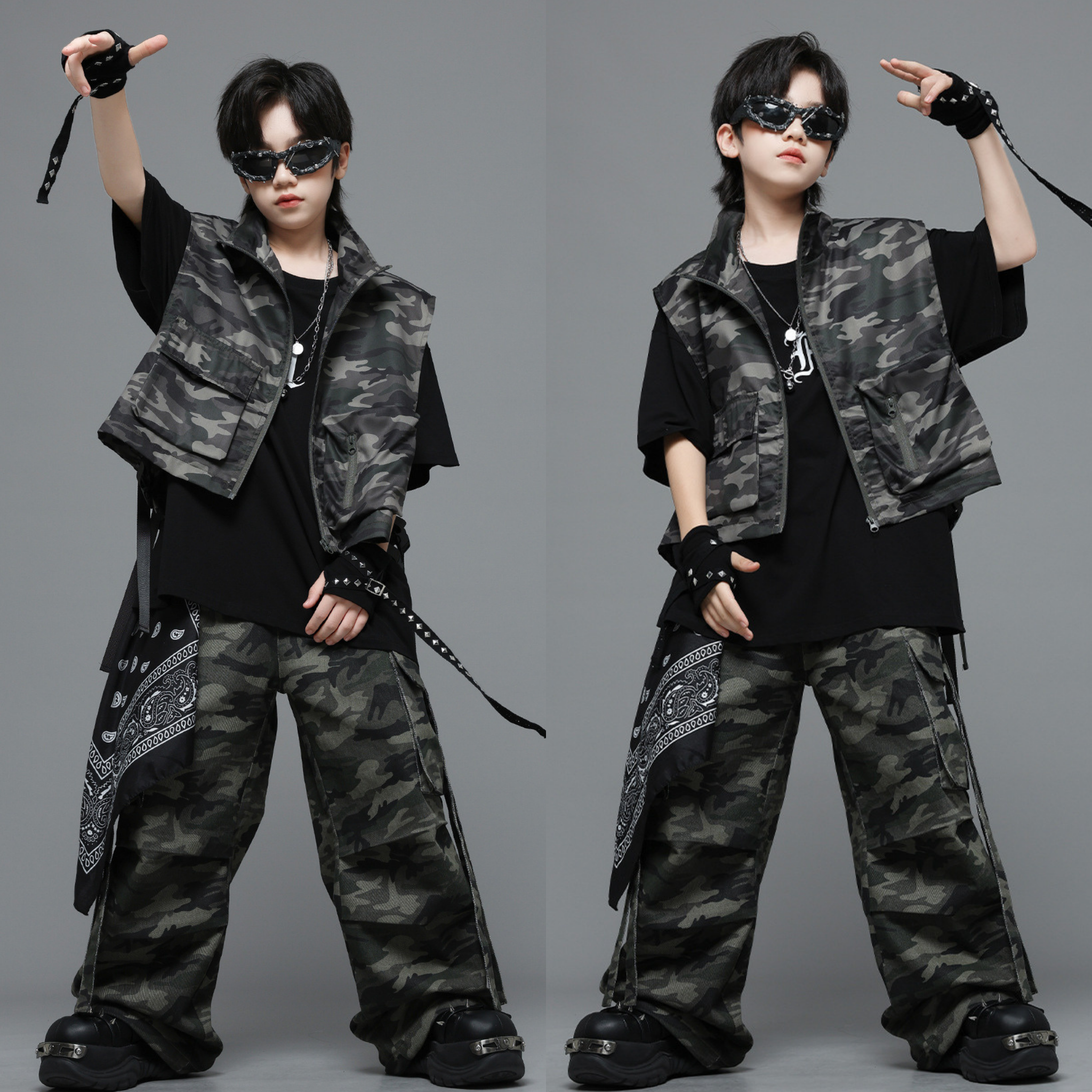 HIPHOP カモフラージュ ワイドパンツセットアップ キッズダンス衣装