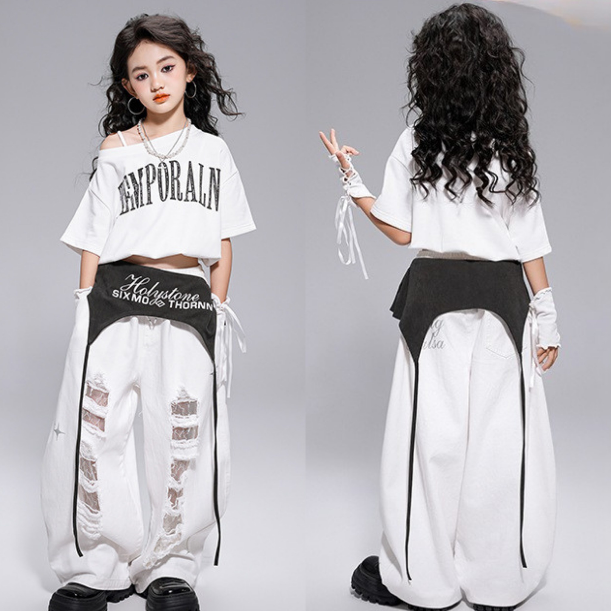 HIPHOP ホワイトダメージ ワイドパンツセットアップ キッズダンス衣装