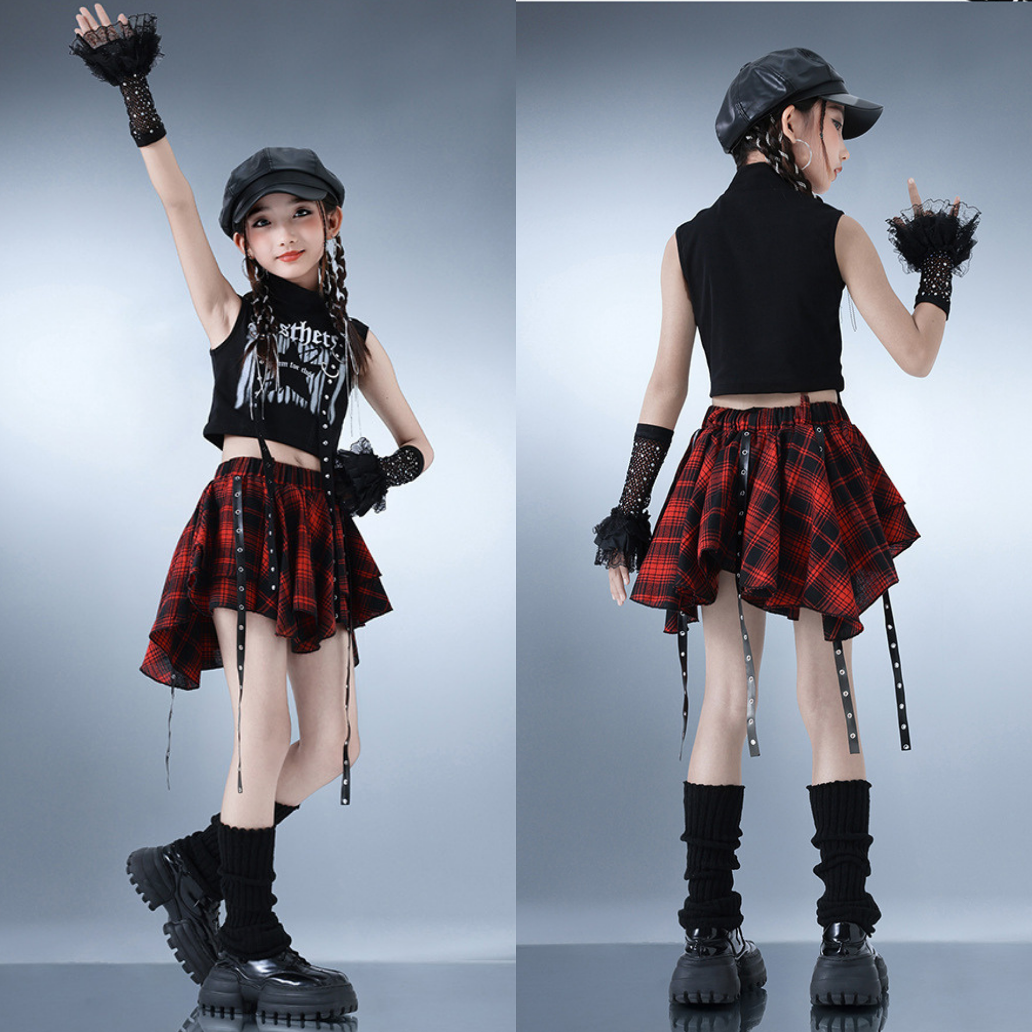 HIPHOP ブラックスタッズ レッドセットアップ キッズダンス衣装