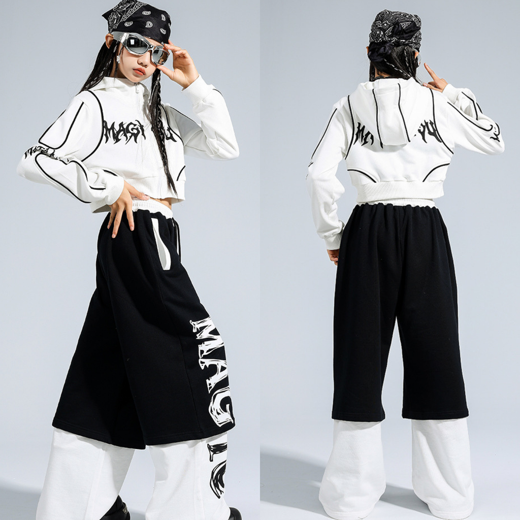 STREET ホワイトグラフィック レイヤードワイドパンツセットアップ キッズダンス衣装