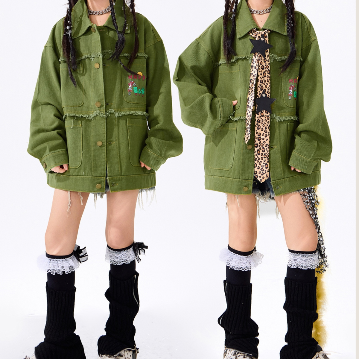 カーキ×デニム HIPHOPキッズダンス衣装 ステージスタイル