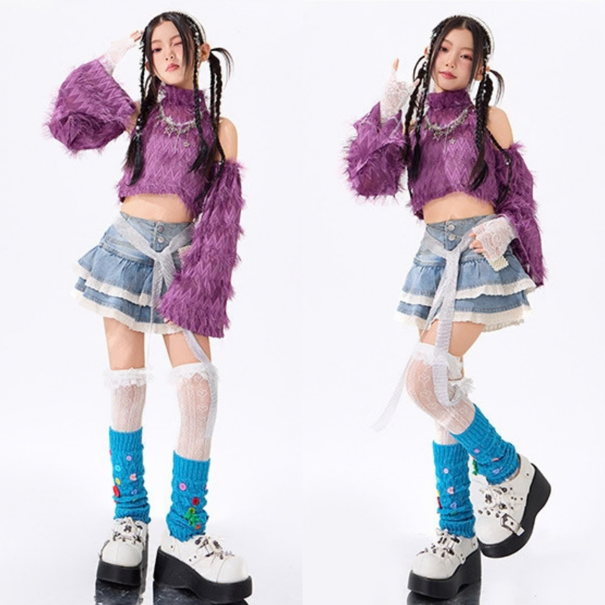 パープル×デニム フリルスカートセットアップ キッズダンス衣装 発表会スタイル