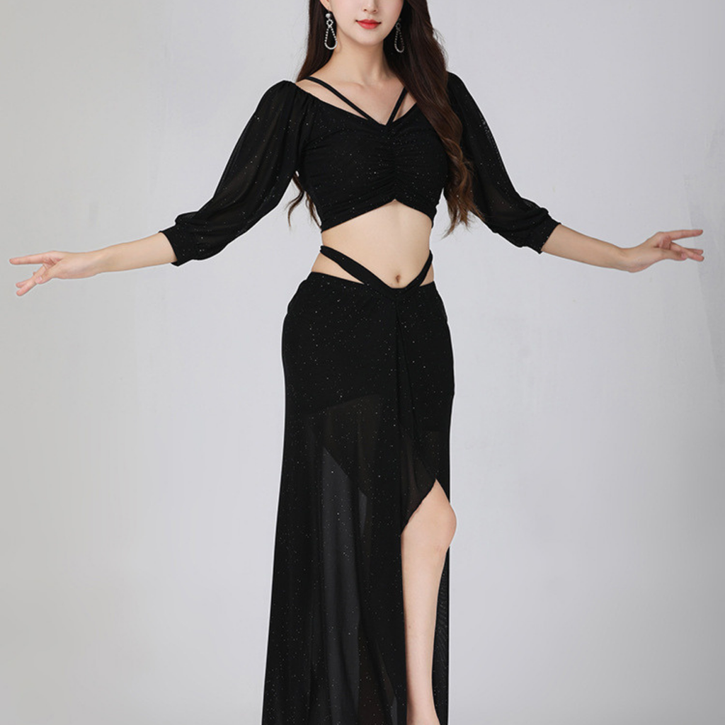 ベリーダンス　レッスンウェア　ラメ　メッシュ　ランタンスリーブ