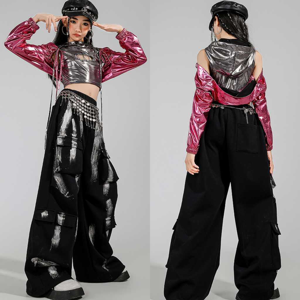 K-POP メタリックシルバー ピンクカーゴセットアップ キッズダンス衣装