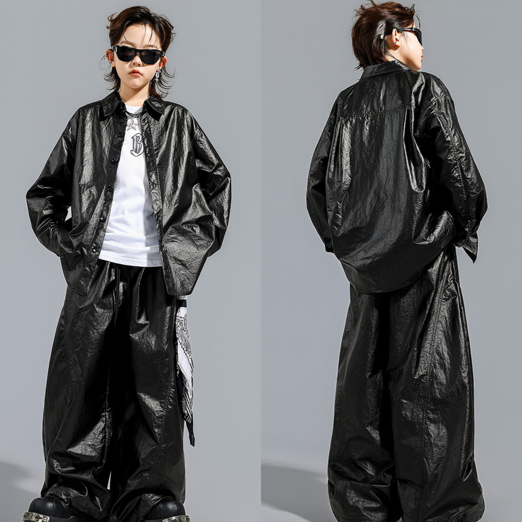 STREET ブラックシャイニー ワイドパンツセットアップ キッズダンス衣装