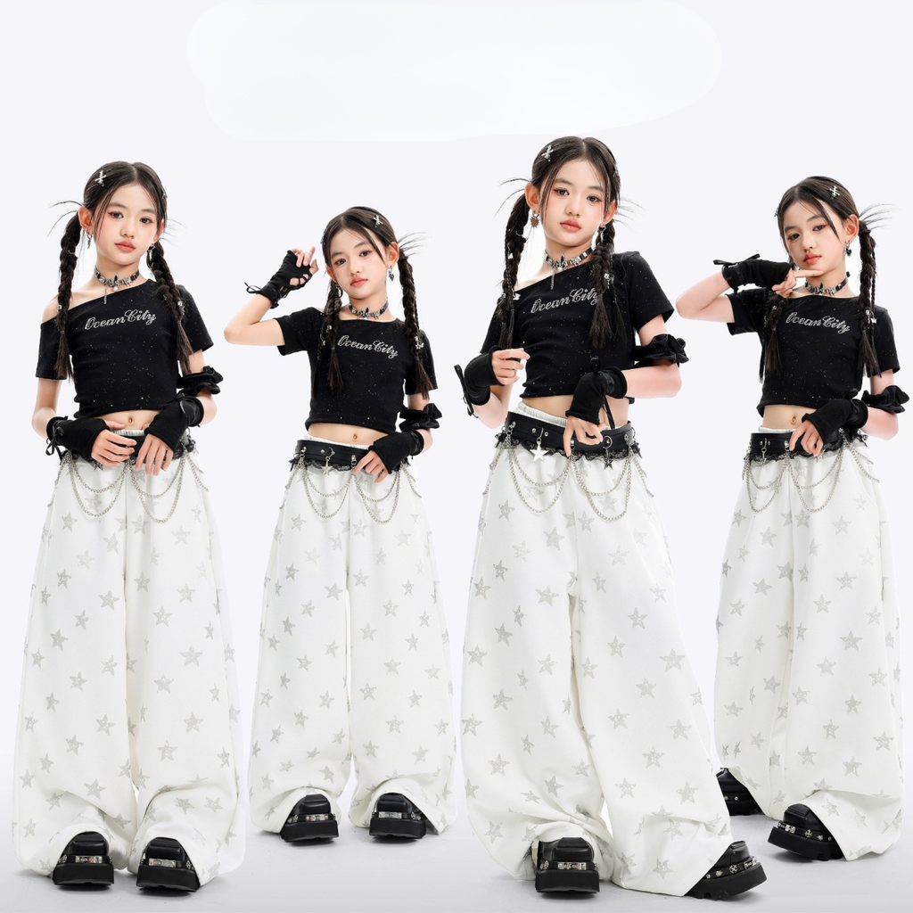 K-POP ブラックグリッター スターワイドパンツセットアップ キッズダンス衣装