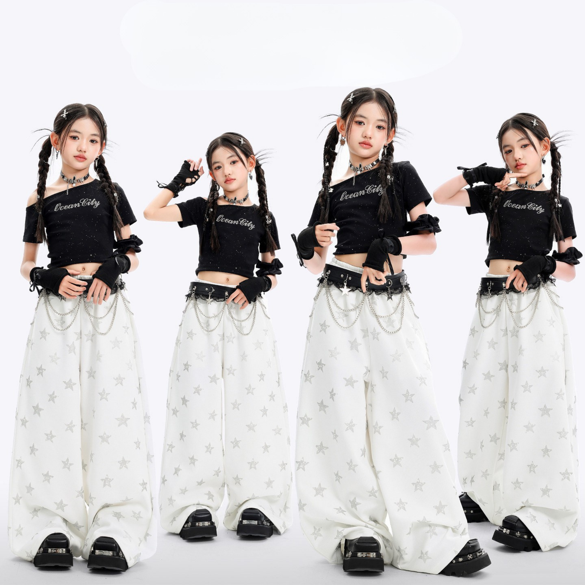 K-POP ブラックグリッター スターワイドパンツセットアップ キッズダンス衣装