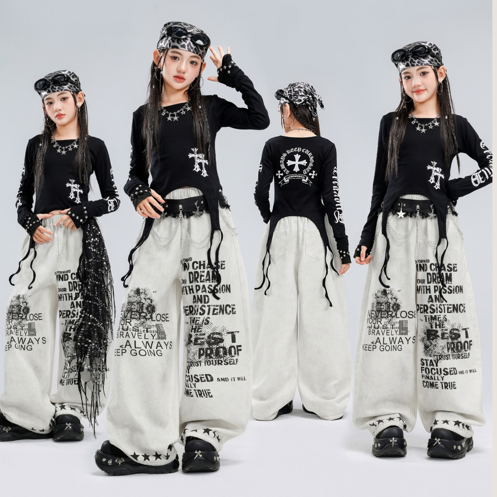 HIPHOP ブラッククロス ホワイトグラフィックワイドパンツセットアップ キッズダンス衣装 商品画像1