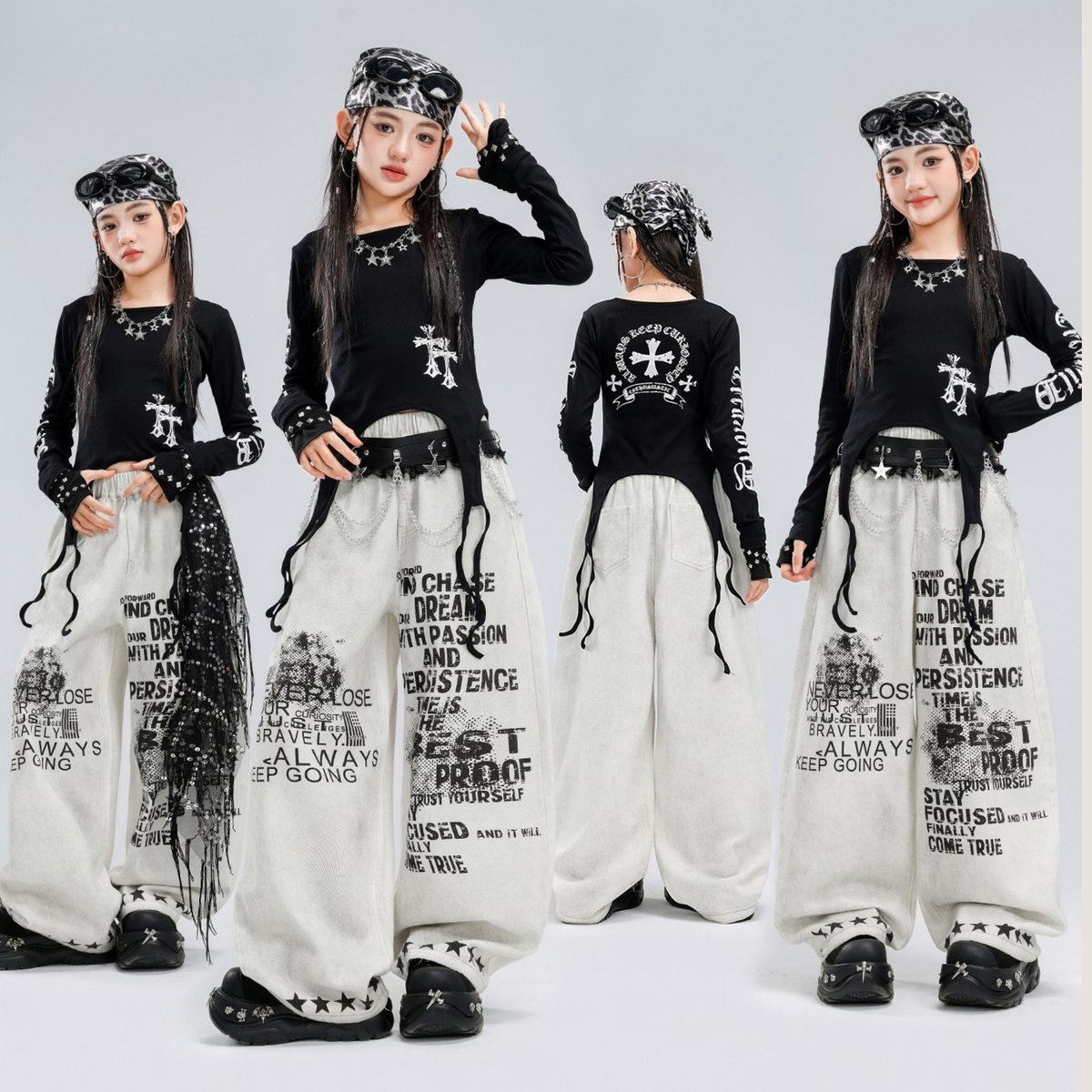 HIPHOP ブラッククロス ホワイトグラフィックワイドパンツセットアップ キッズダンス衣装 商品画像1