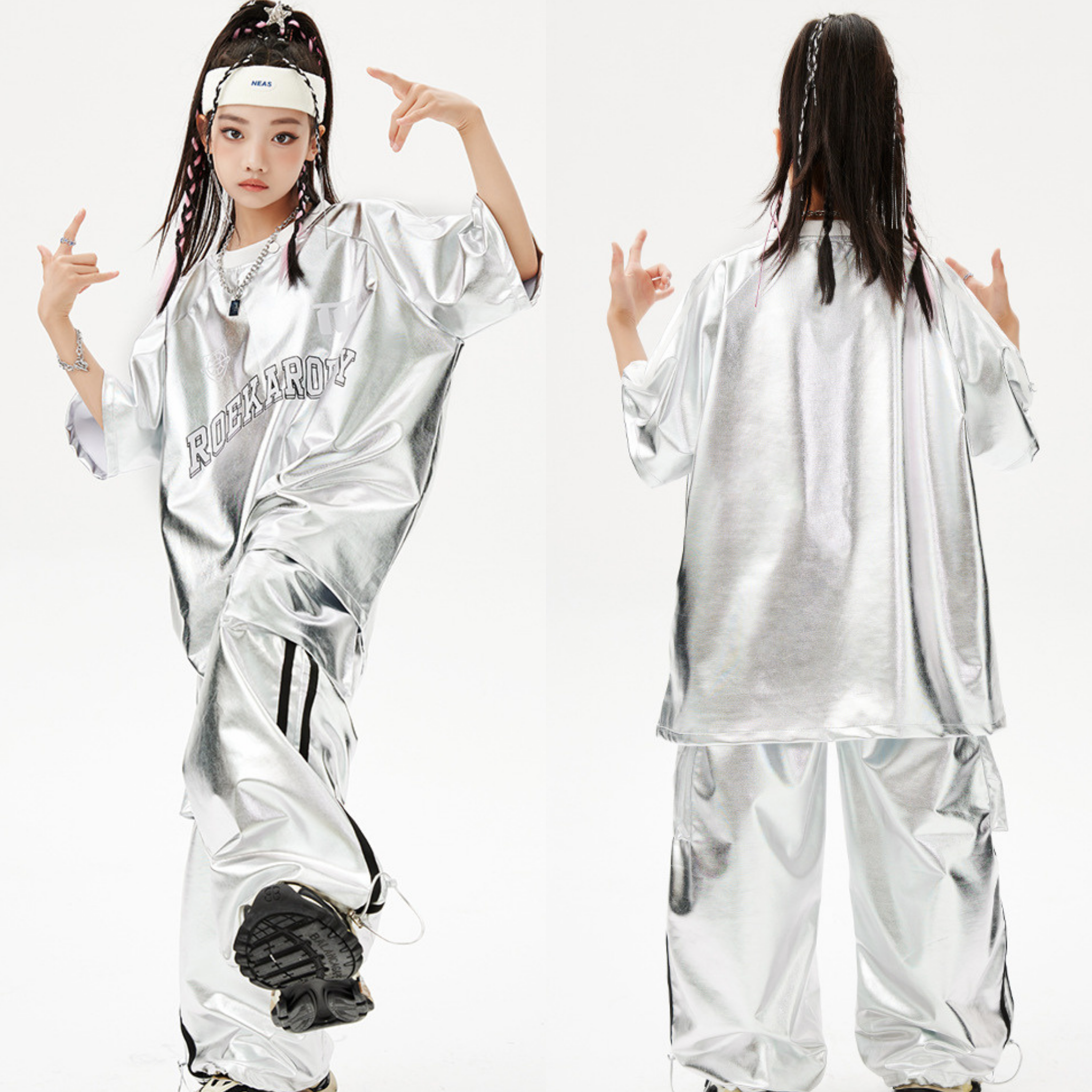 STREET メタリックシルバー カーゴセットアップ キッズダンス衣装
