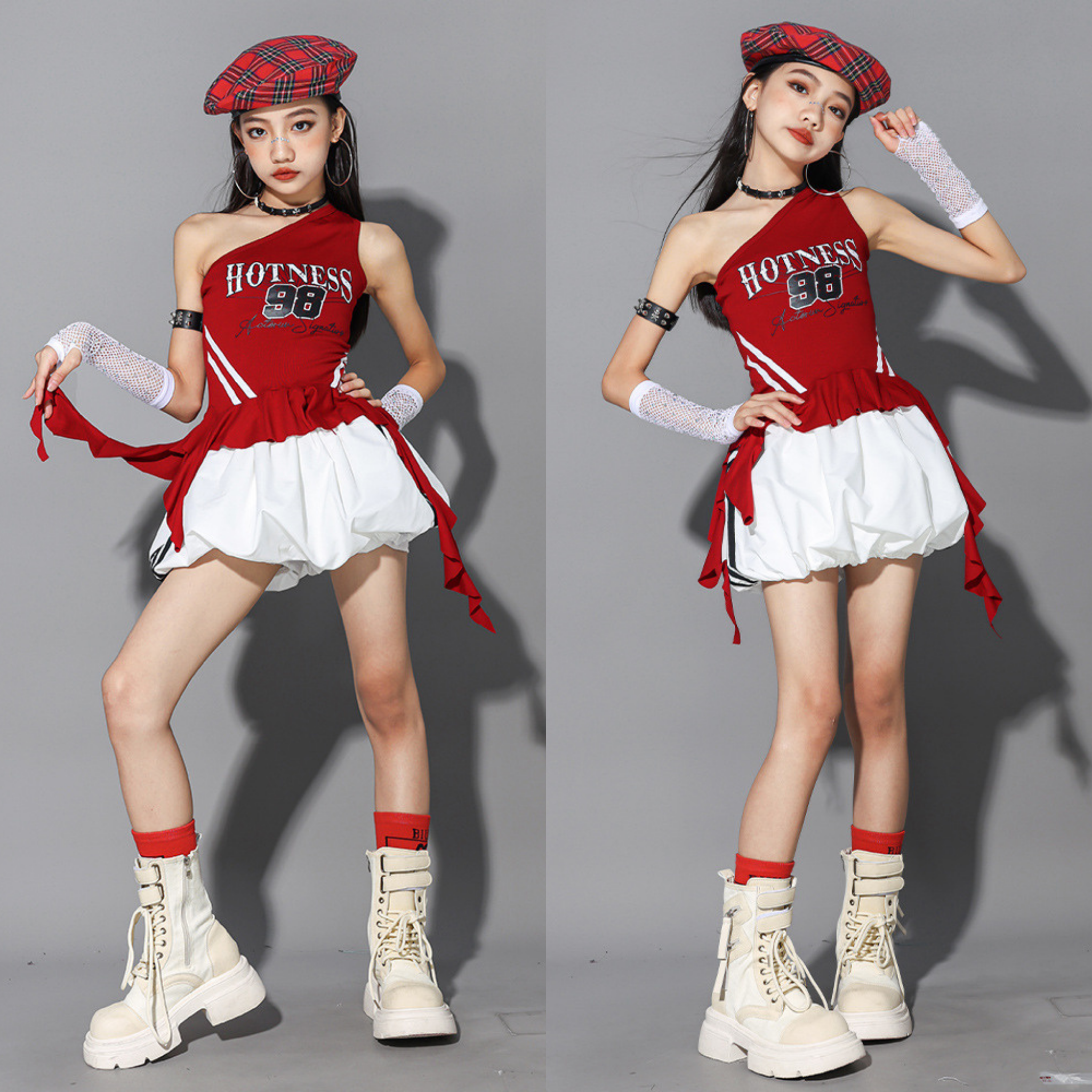 GIRLS レッドワンショルダー バルーンパンツセットアップ キッズダンス衣装
