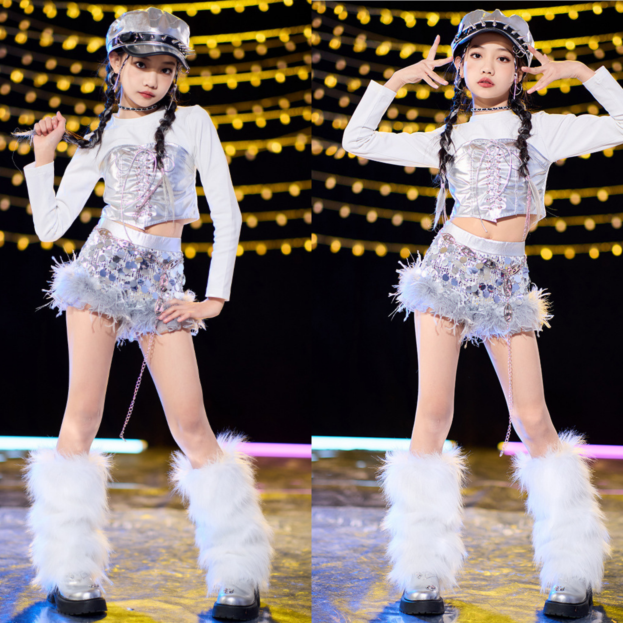 K-POP シルバーフェザー ショートパンツセットアップ キッズダンス衣装