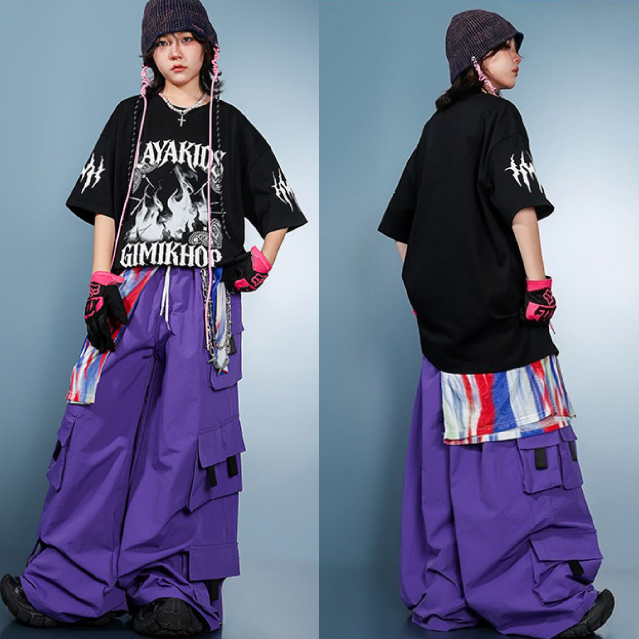 STREET ブラックグラフィック パープルカーゴセットアップ キッズダンス衣装
