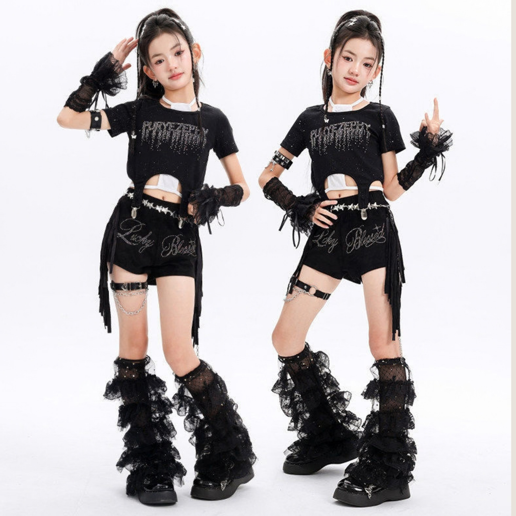GIRLS ブラックラインストーン フリンジショートパンツセットアップ キッズダンス衣装 商品画像1
