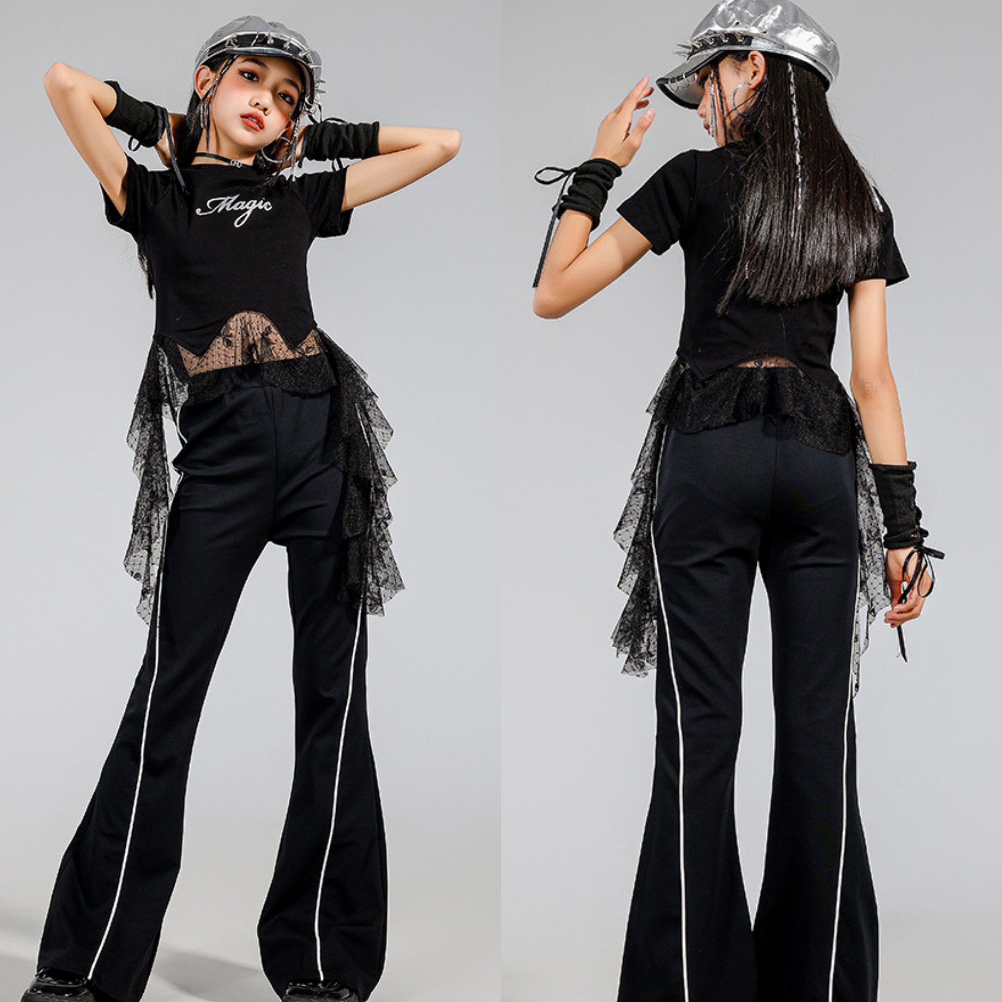 K-POP ブラックドットチュール フレアパンツセットアップ キッズダンス衣装