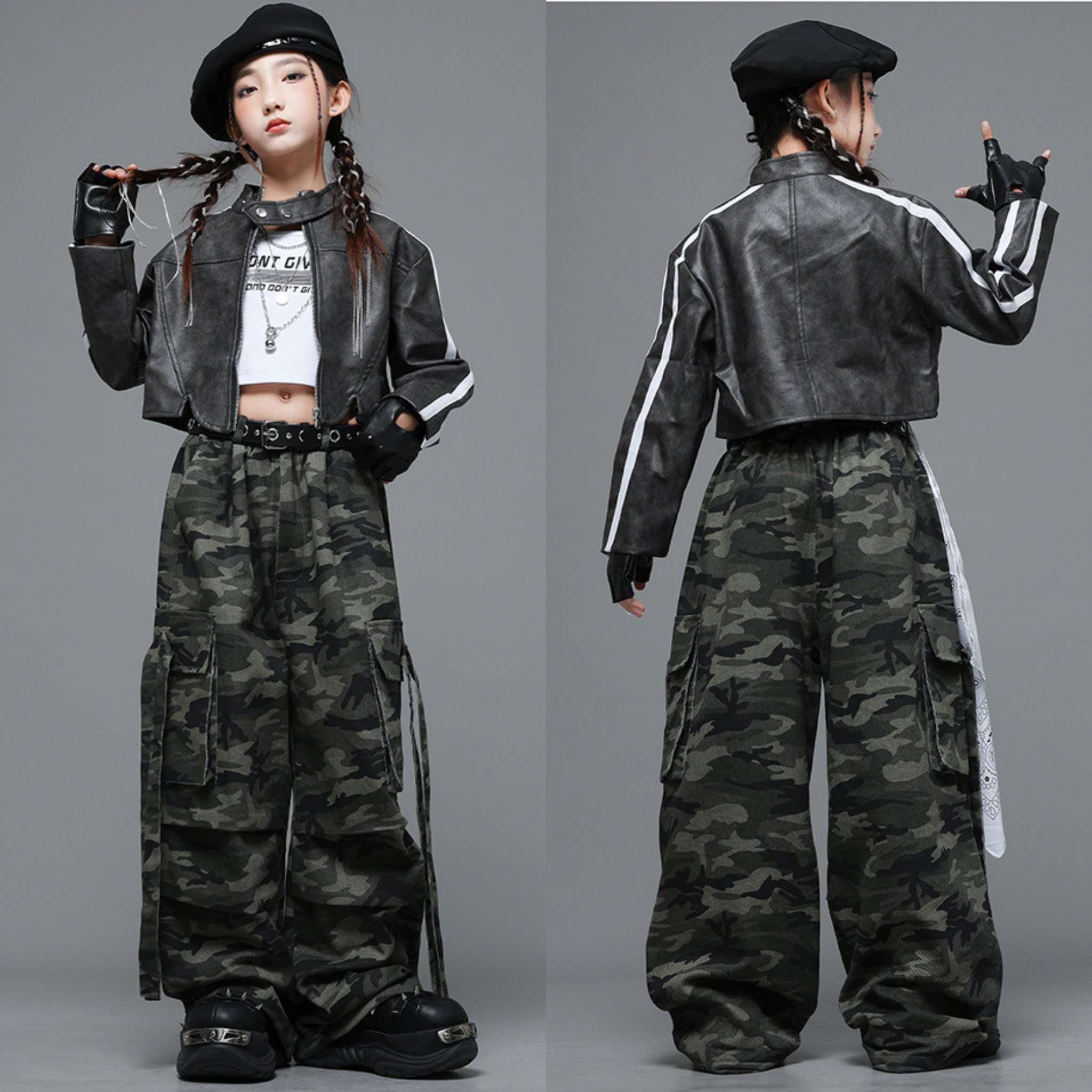 STREET ブラックジャケット カモフラージュワイドパンツセットアップ キッズダンス衣装