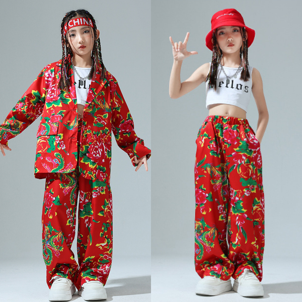 HIPHOP レッドフラワー セットアップ キッズダンス衣装