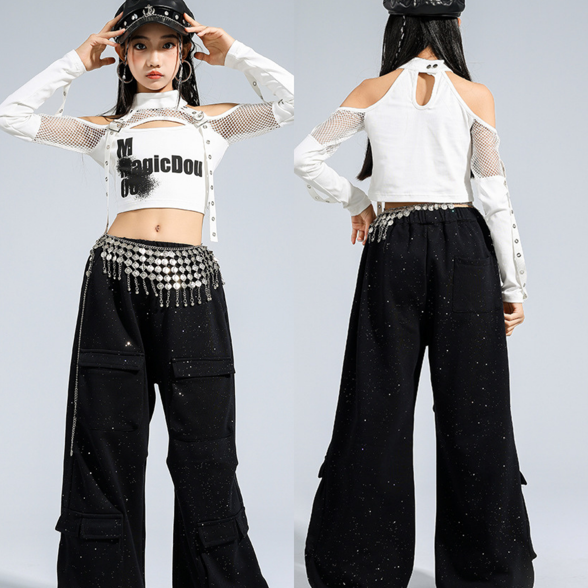 K-POP ホワイトカットアウト ブラックグリッターカーゴセットアップ キッズダンス衣装