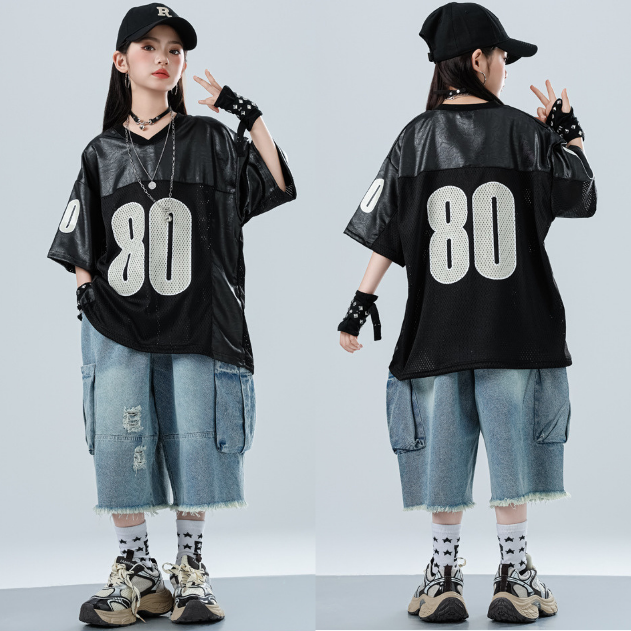 HIPHOP ブラックナンバー デニムハーフパンツセットアップ キッズダンス衣装