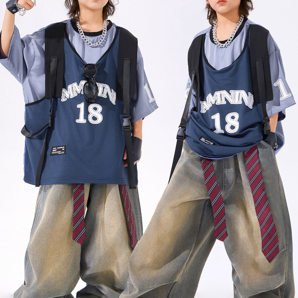 STREET ブルーナンバー デニムワイドパンツセットアップ キッズダンス衣装