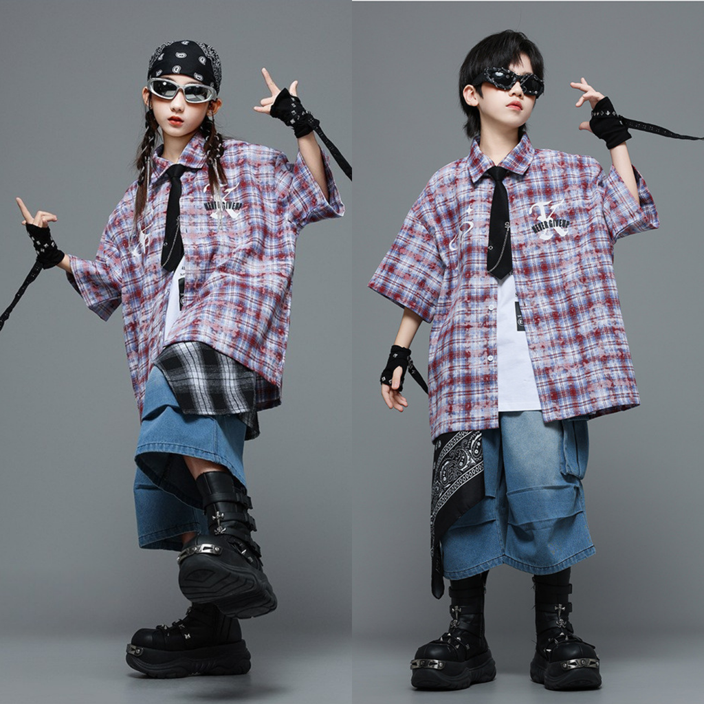 HIPHOP チェックシャツ デニムハーフパンツセットアップ キッズダンス衣装