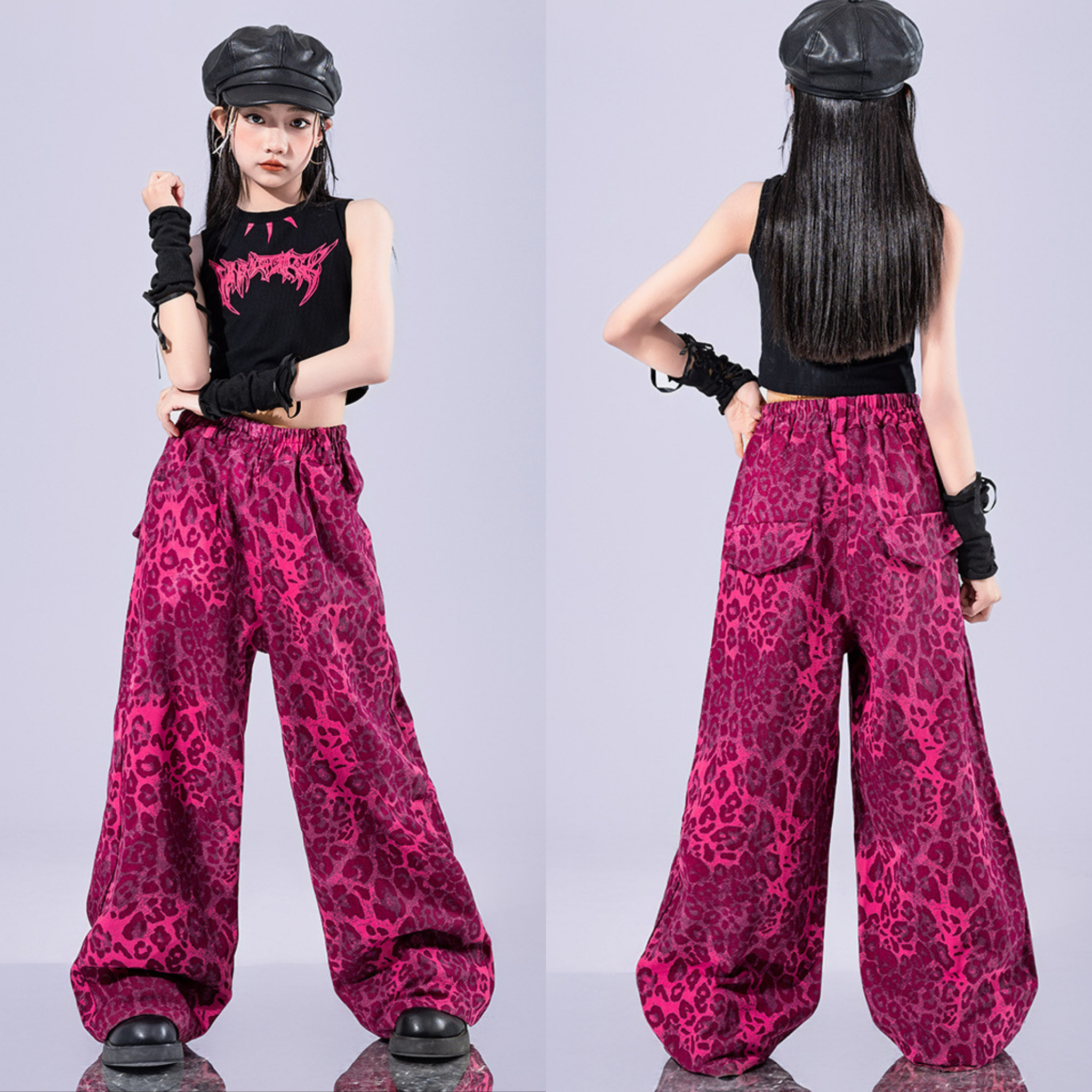 GIRLS ピンクレオパード ステージセットアップ キッズダンス衣装