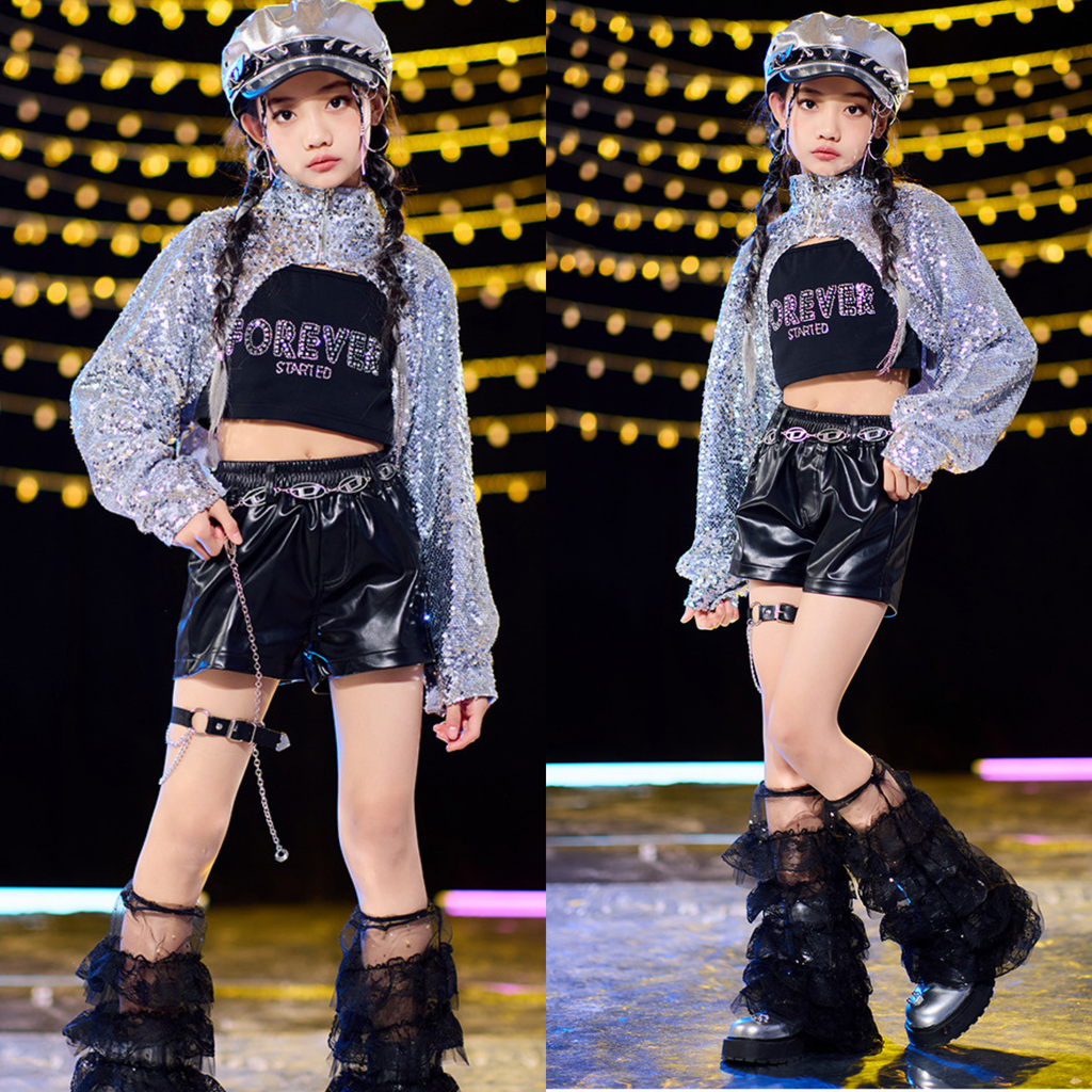 STREET シルバースパンコール ブラックセットアップ キッズダンス衣装