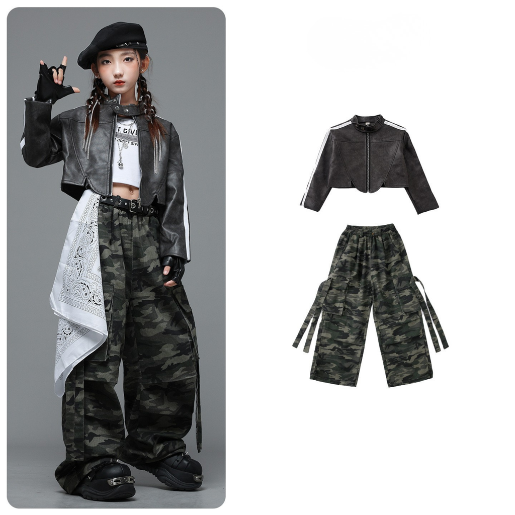 STREET ブラックジャケット カモフラージュワイドパンツセットアップ キッズダンス衣装
