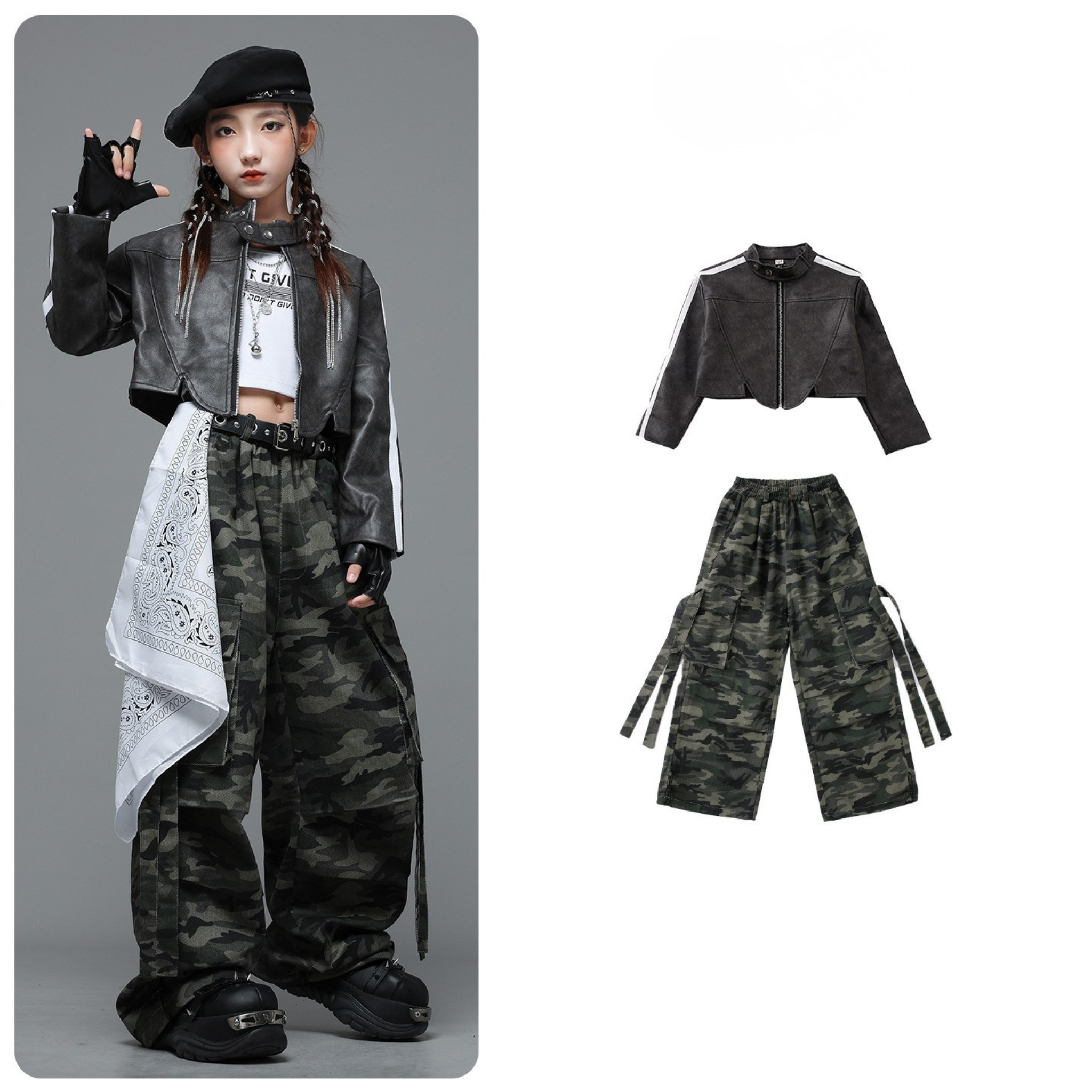 STREET ブラックジャケット カモフラージュワイドパンツセットアップ キッズダンス衣装