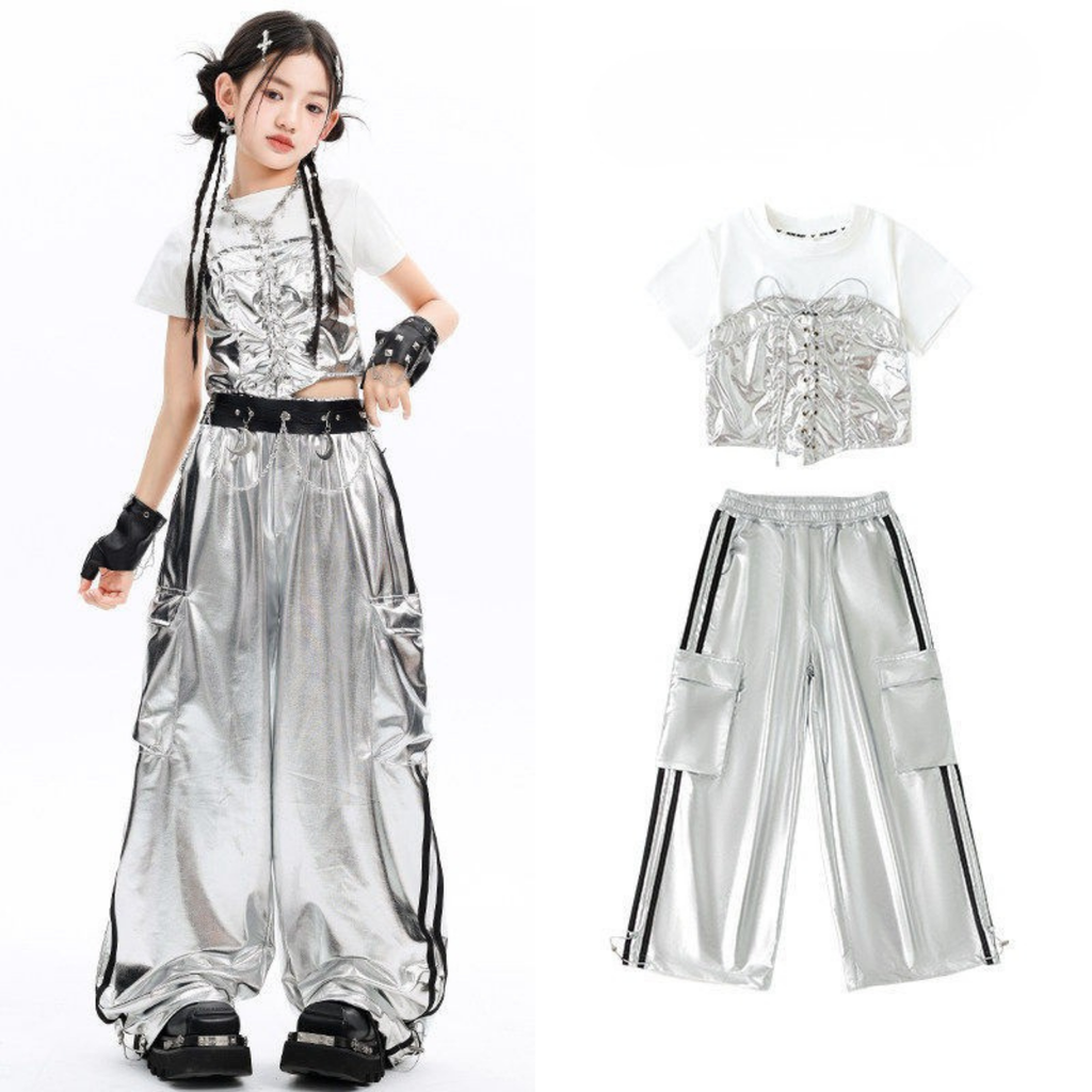 K-POP メタリックシルバー ワイドパンツセットアップ キッズダンス衣装