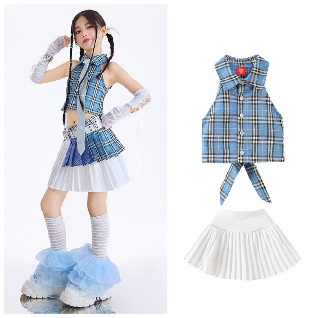 GIRLS ブルーチェック プリーツスカートセットアップ キッズダンス衣装