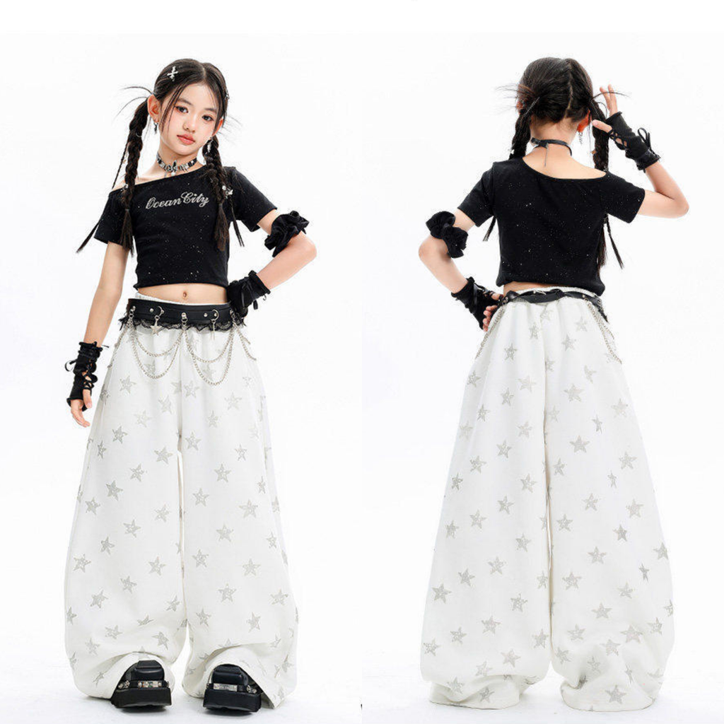 K-POP ブラックグリッター スターワイドパンツセットアップ キッズダンス衣装