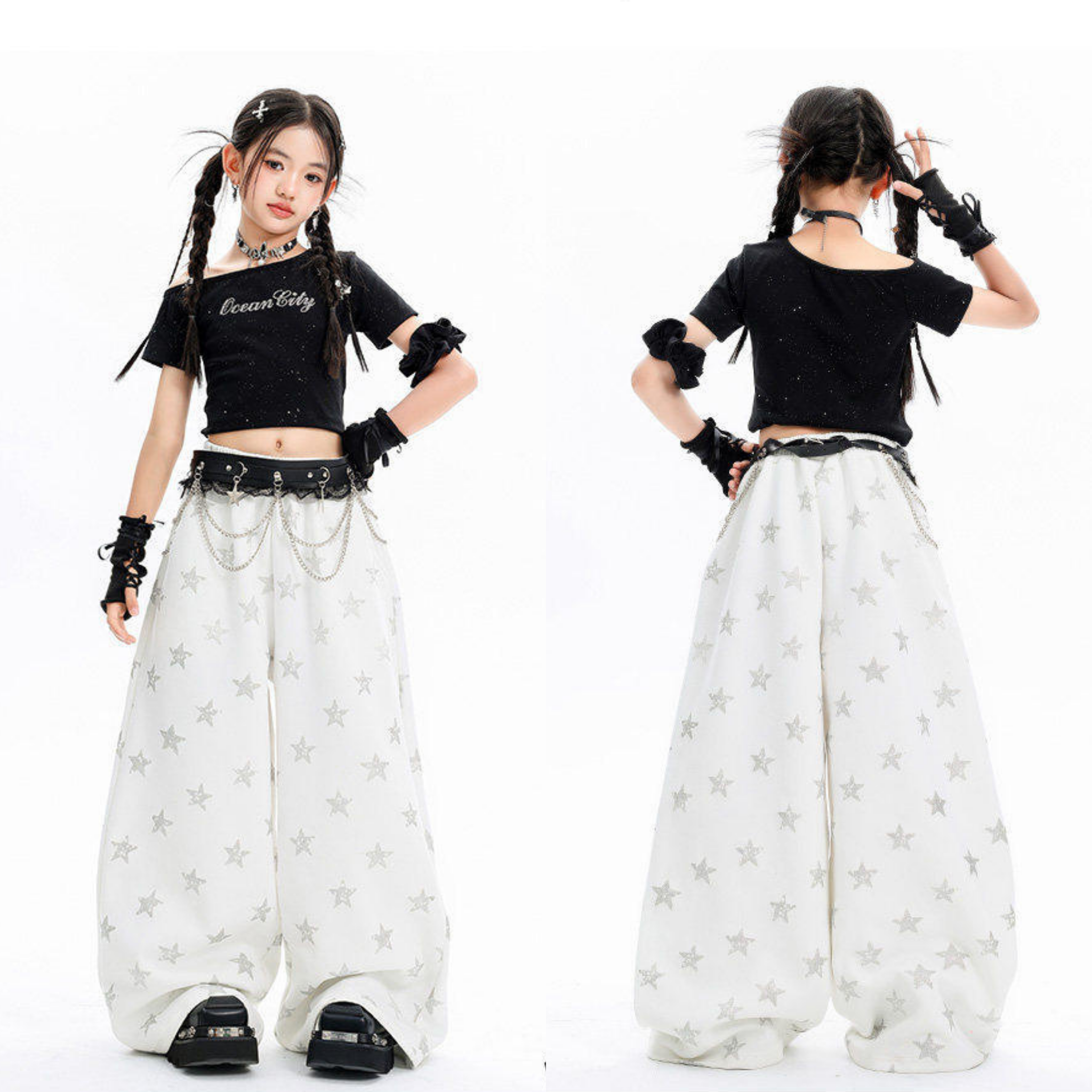 K-POP ブラックグリッター スターワイドパンツセットアップ キッズダンス衣装