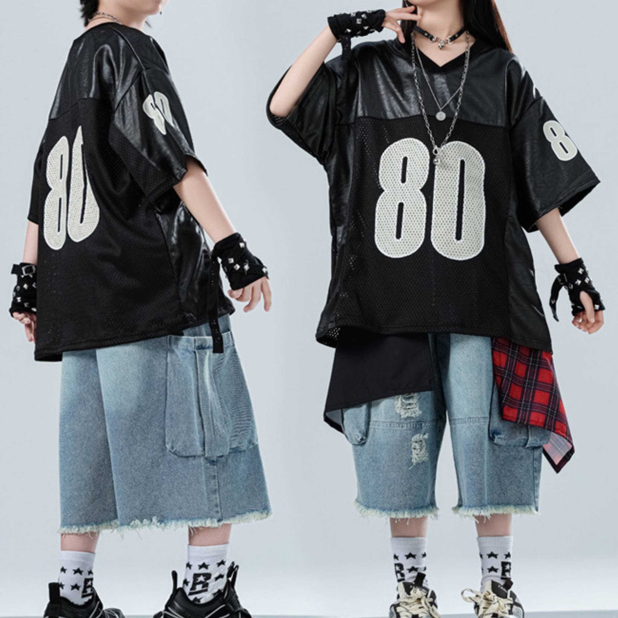 HIPHOP ブラックナンバー デニムハーフパンツセットアップ キッズダンス衣装