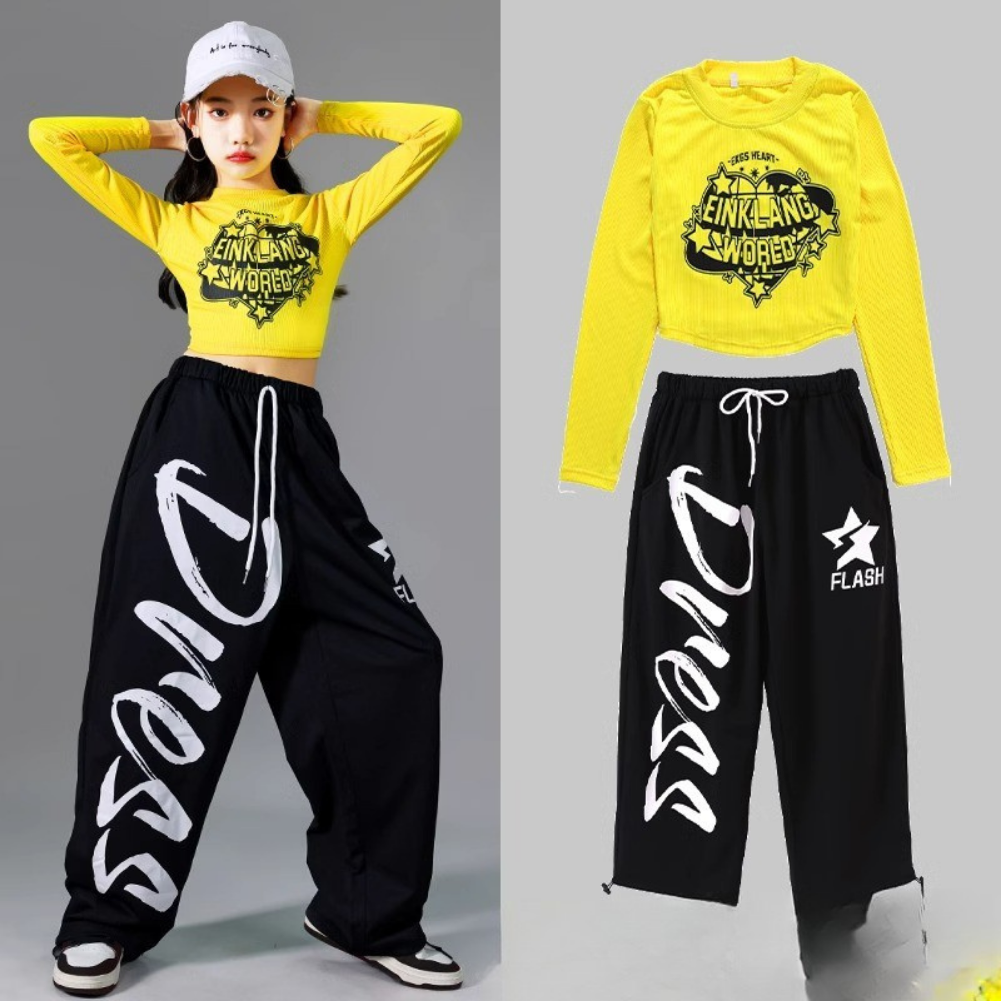 HIPHOP ブラックイエロー ワイドパンツセットアップ キッズダンス衣装